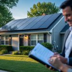 Two adults reviewing paperwork in front of an older suburban home with rooftop solar panels at golden hour, with the house and panels in sharp focus and a quiet residential street in the background.