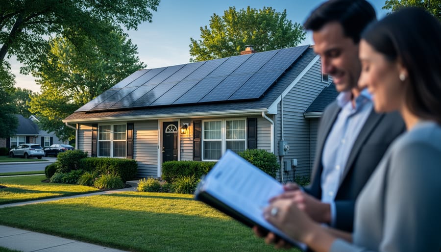 Two adults reviewing paperwork in front of an older suburban home with rooftop solar panels at golden hour, with the house and panels in sharp focus and a quiet residential street in the background.