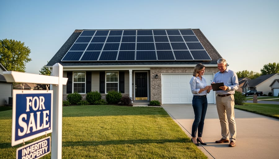 Residential house with solar panel array installed on rooftop