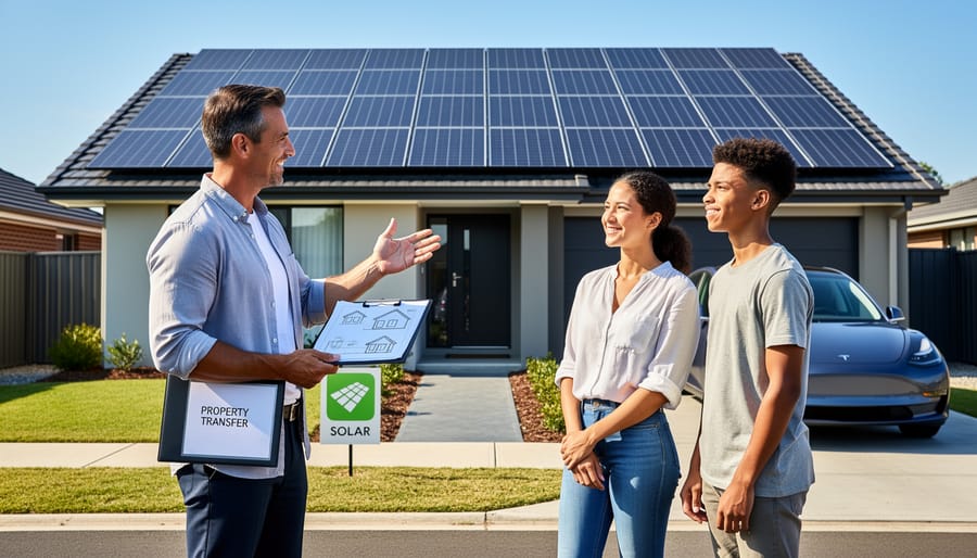 Hands exchanging house keys during property sale transaction with solar panels visible