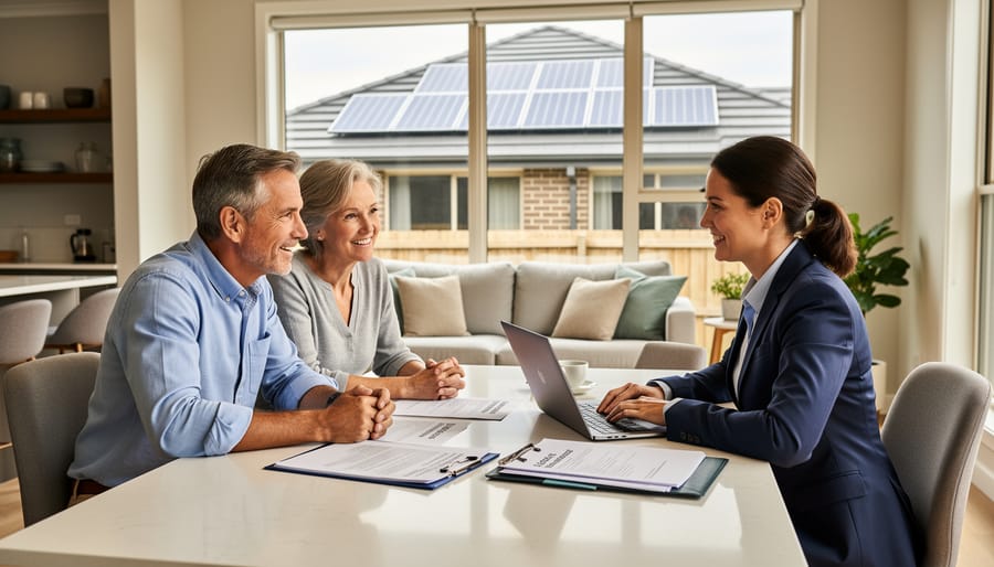 Real estate professional consulting with client reviewing property documents outdoors