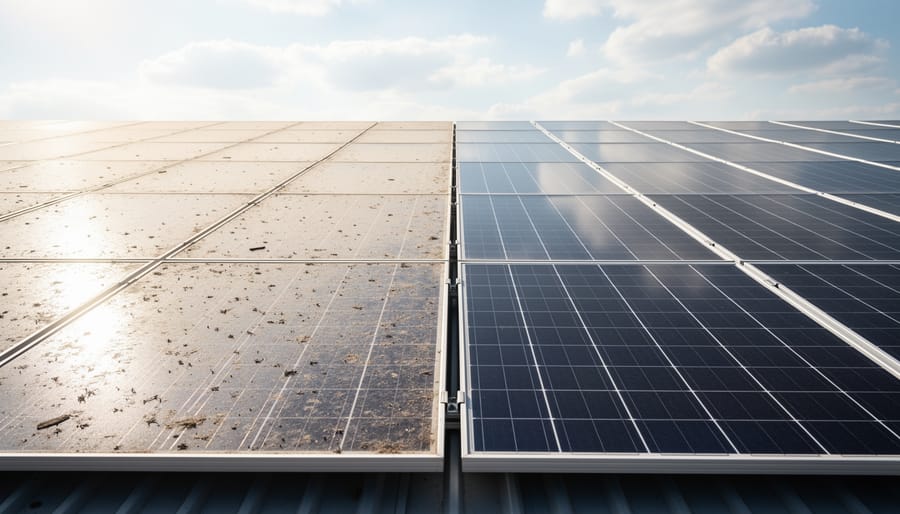 Solar panels on a home roof with visible dust streaks and leaves indicating soiling and reduced efficiency.