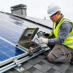 Technician inspecting rooftop solar panel wiring and junction box to detect early efficiency issues like micro-cracks and connection degradation.