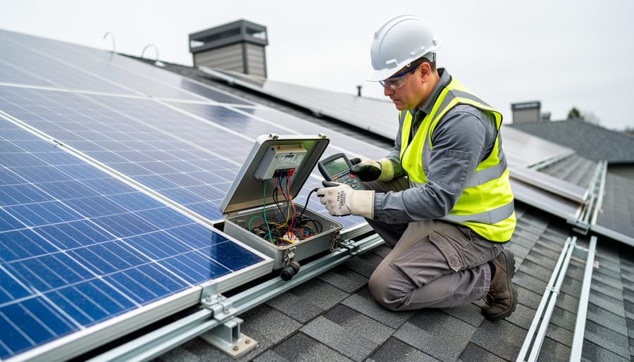 Technician inspecting rooftop solar panel wiring and junction box to detect early efficiency issues like micro-cracks and connection degradation.