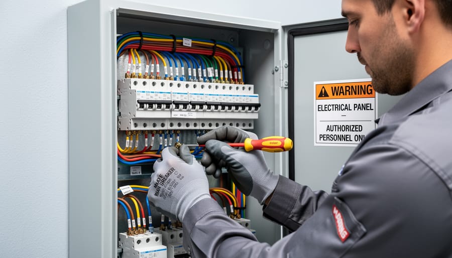 Close-up of electrical wiring and a solar inverter mounted on the exterior wall of a home.