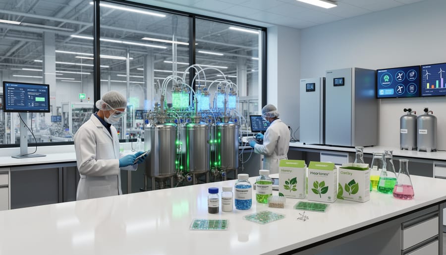 Clean laboratory workspace with stainless-steel equipment and researchers in lab coats