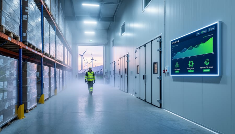 Technician in front of refrigerated cold storage units in a biotech warehouse corridor