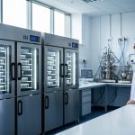 Research peptide manufacturing environment in a modern biotech laboratory with stainless-steel equipment, chilled storage units, and a researcher in a lab coat.