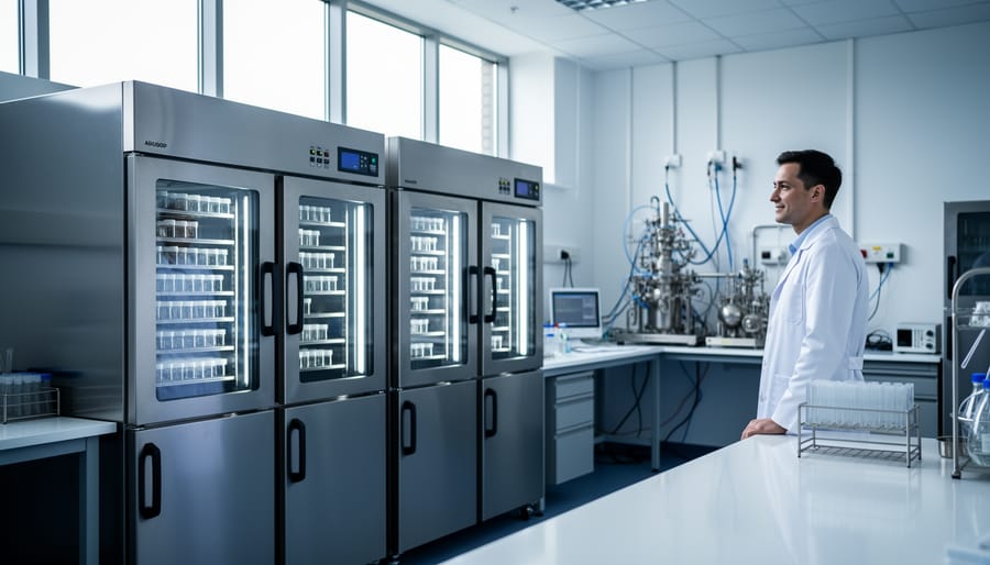 Research peptide manufacturing environment in a modern biotech laboratory with stainless-steel equipment, chilled storage units, and a researcher in a lab coat.